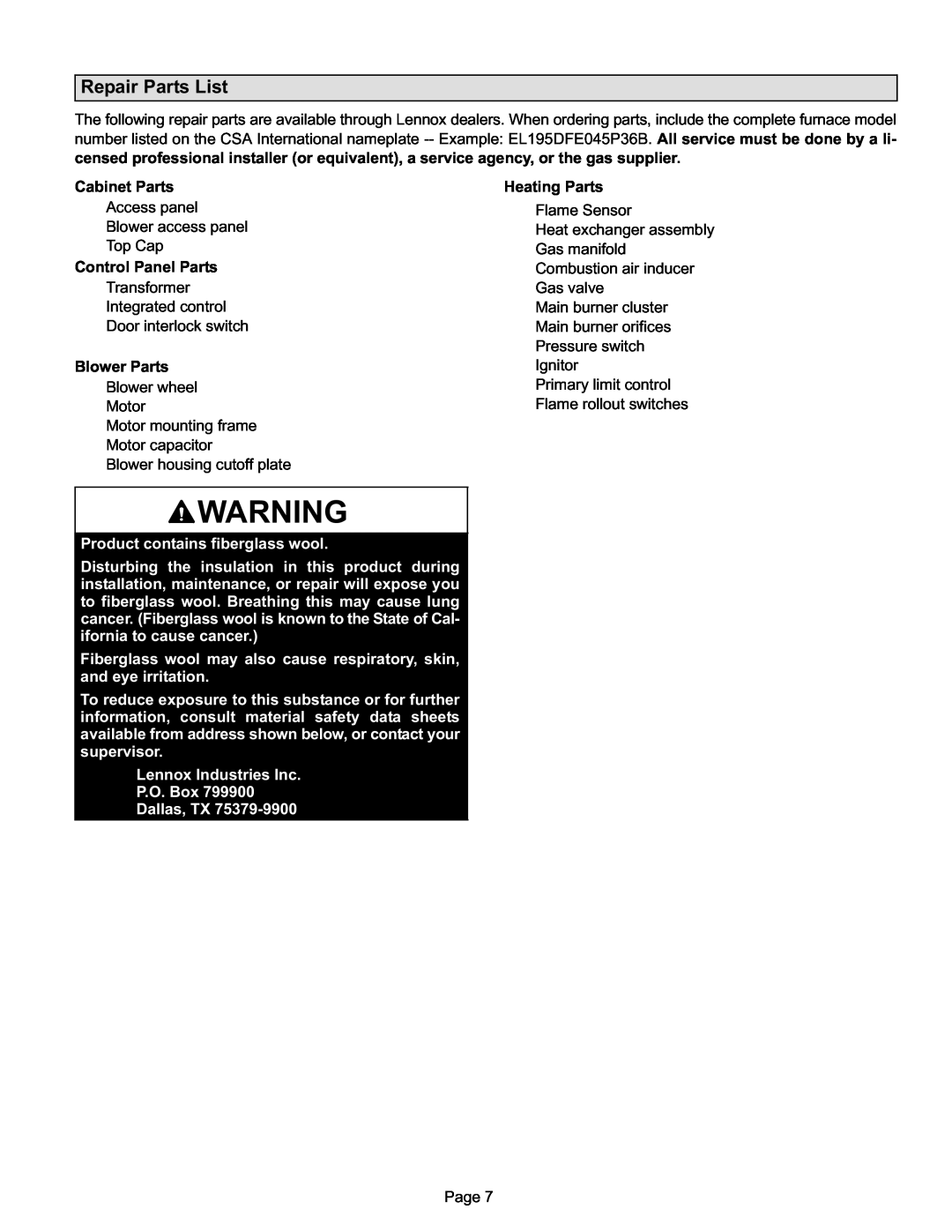 Lennox International Inc EL195DFE Series, Gas Furnace manual Repair Parts List 