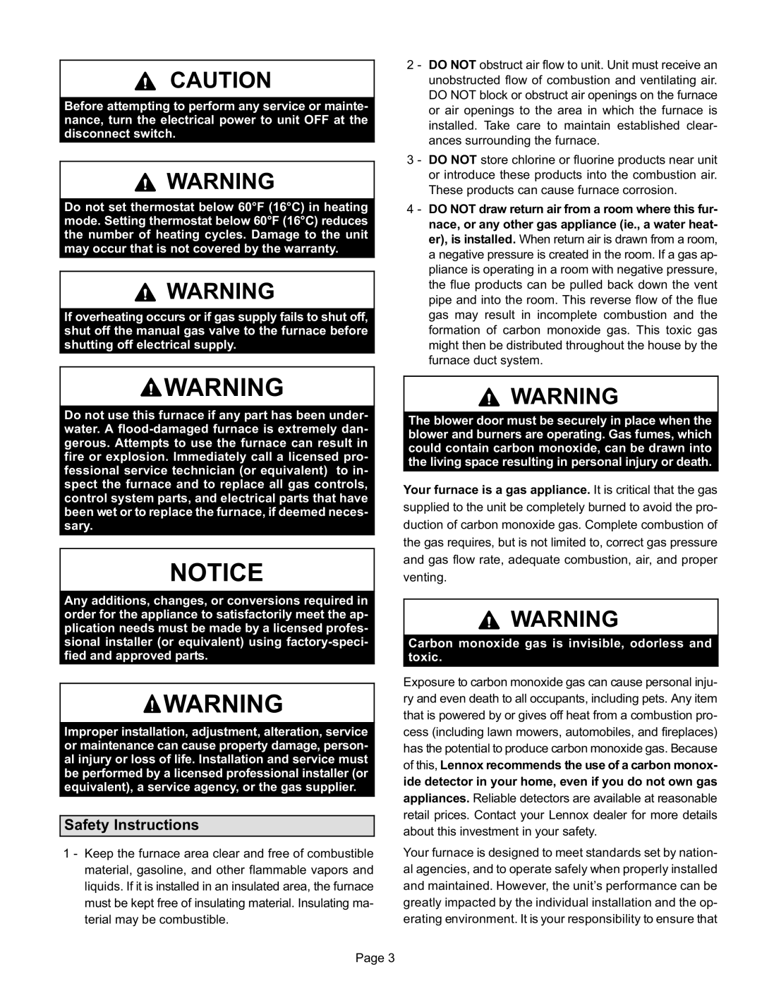 Lennox International Inc ML180UHE, Gas Furnace Safety Instructions, Carbon monoxide gas is invisible, odorless and toxic 