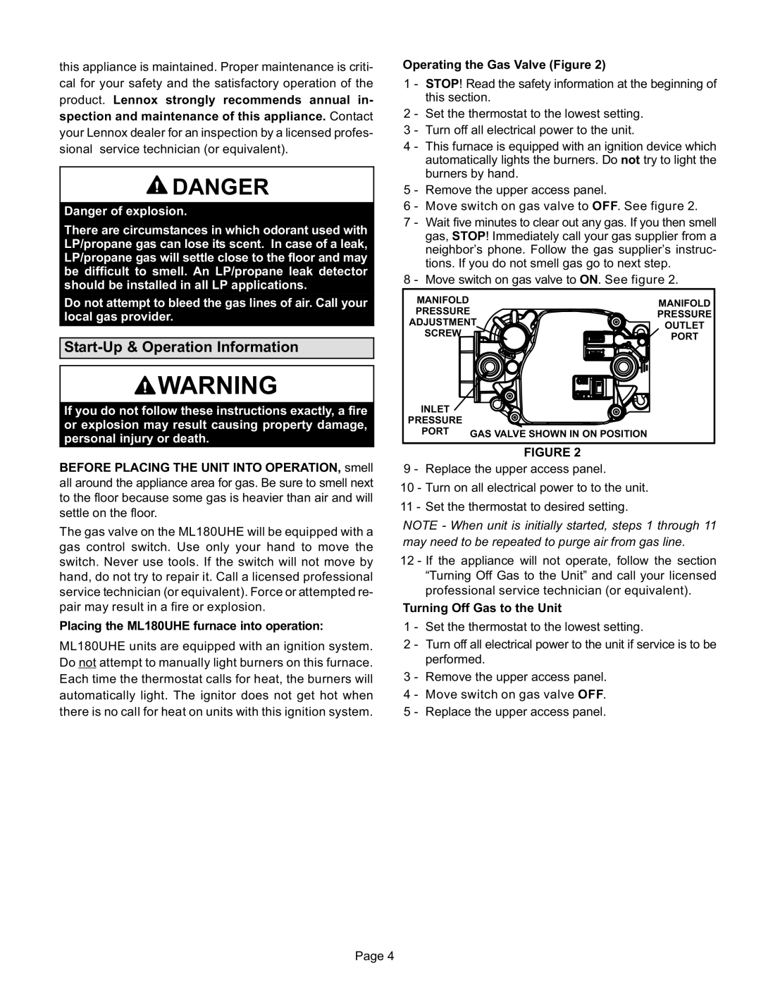 Lennox International Inc Gas Furnace, ML180UHE manual Start−Up & Operation Information 