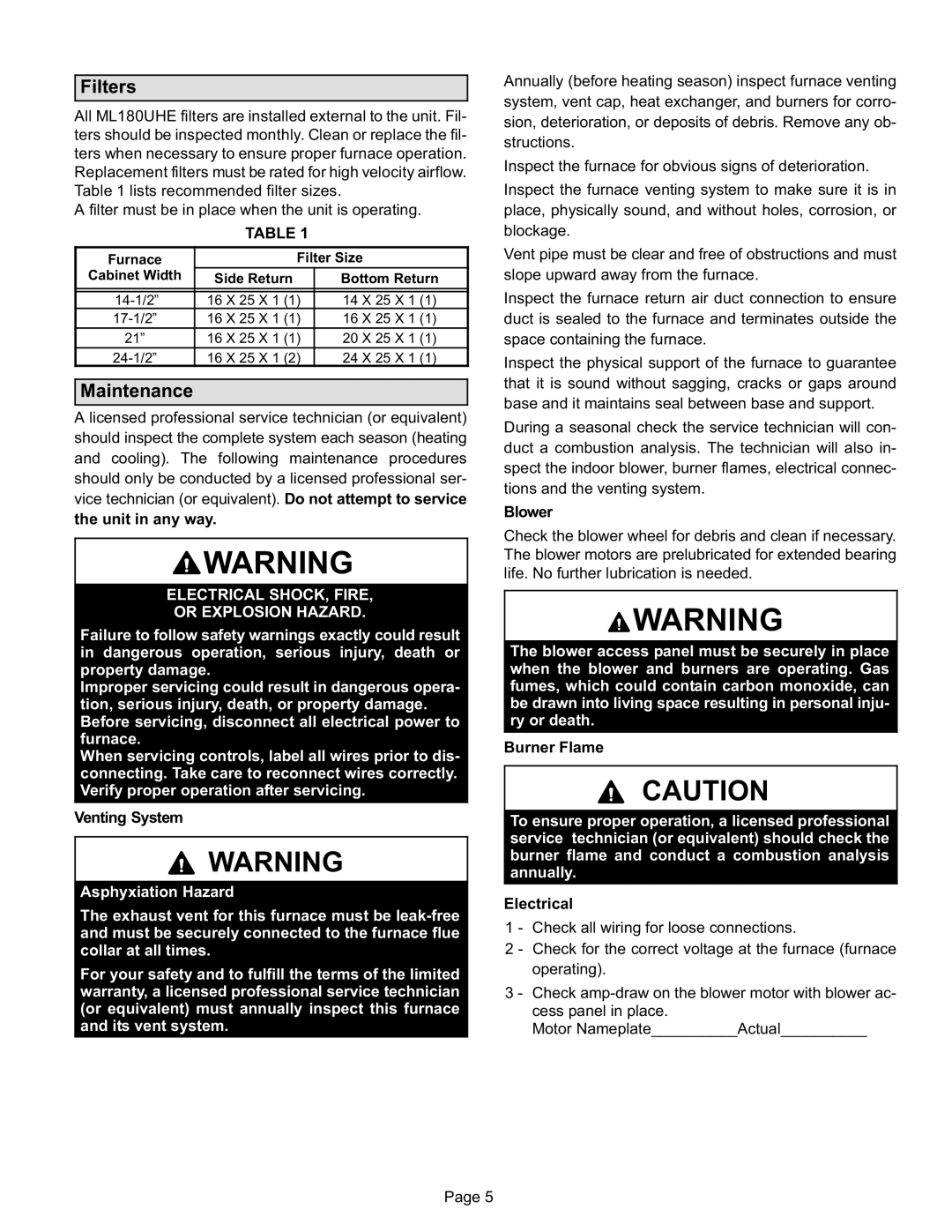 Lennox International Inc ML180UHE, Gas Furnace manual Filters, Maintenance 