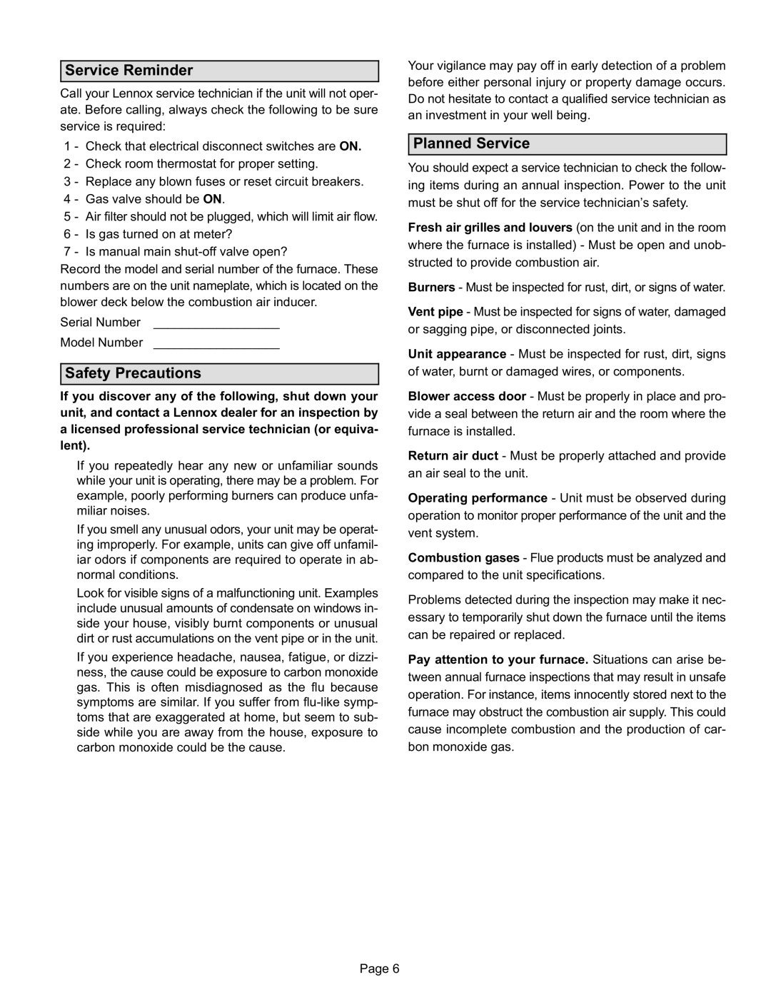 Lennox International Inc Gas Furnace, ML180UHE manual Service Reminder, Safety Precautions, Planned Service 