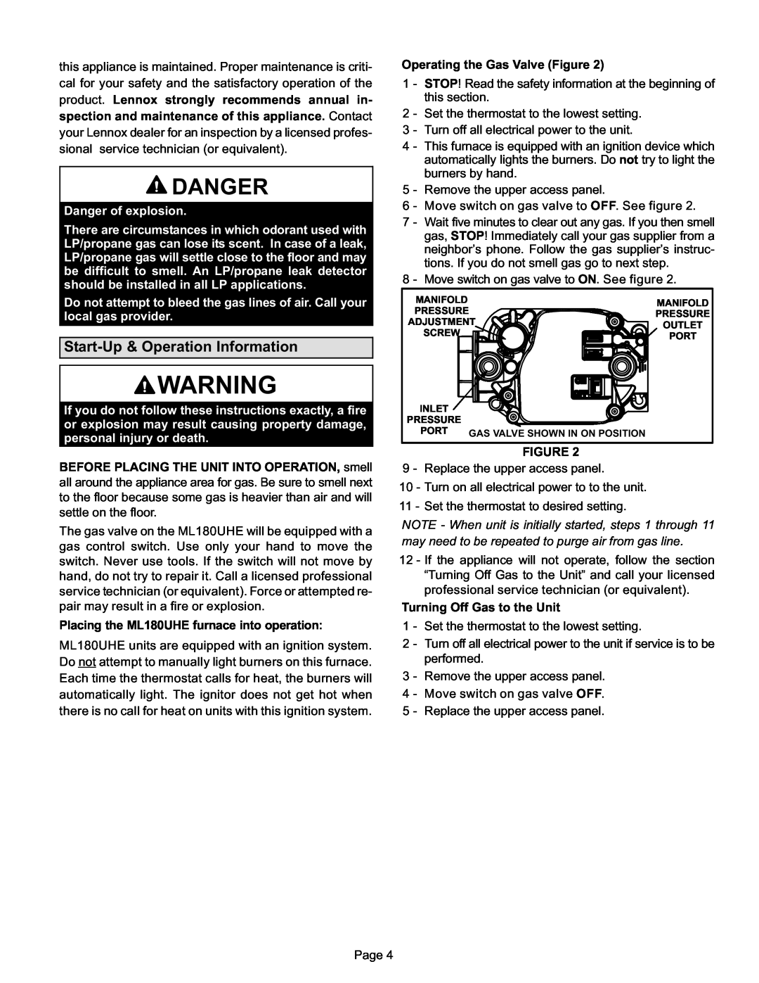 Lennox International Inc Gas Furnace, ML180UHE manual Danger, Start−Up & Operation Information 
