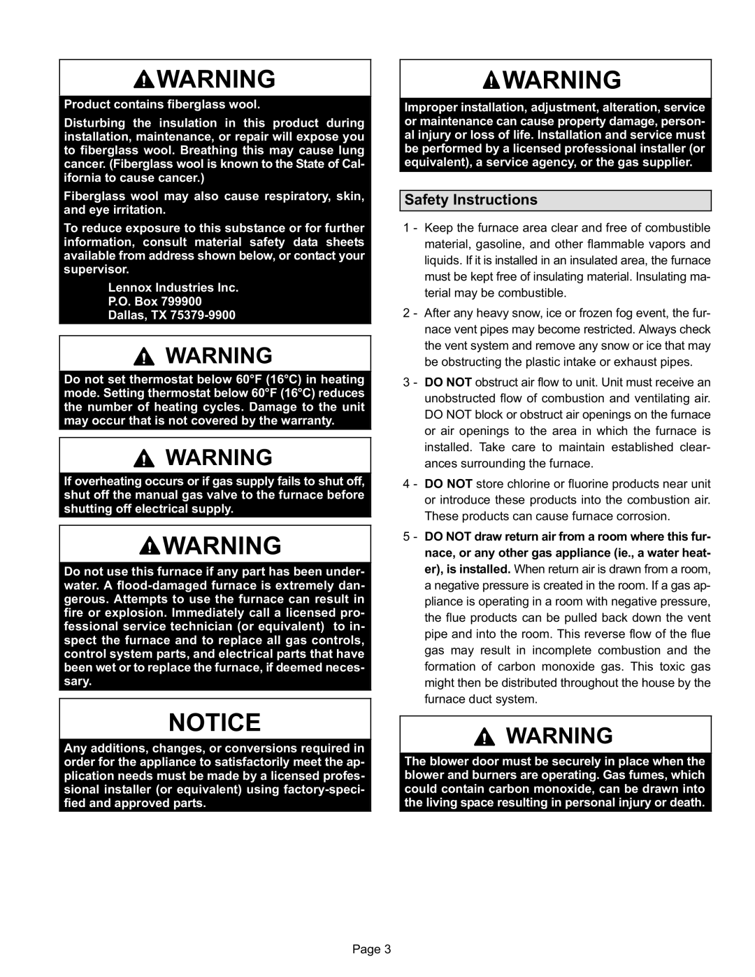 Lennox International Inc Gas Furnace manual Safety Instructions 