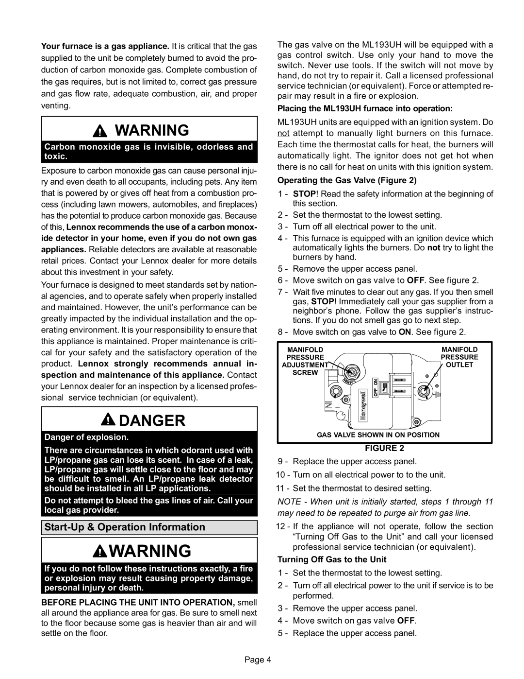 Lennox International Inc Gas Furnace manual Start−Up & Operation Information 