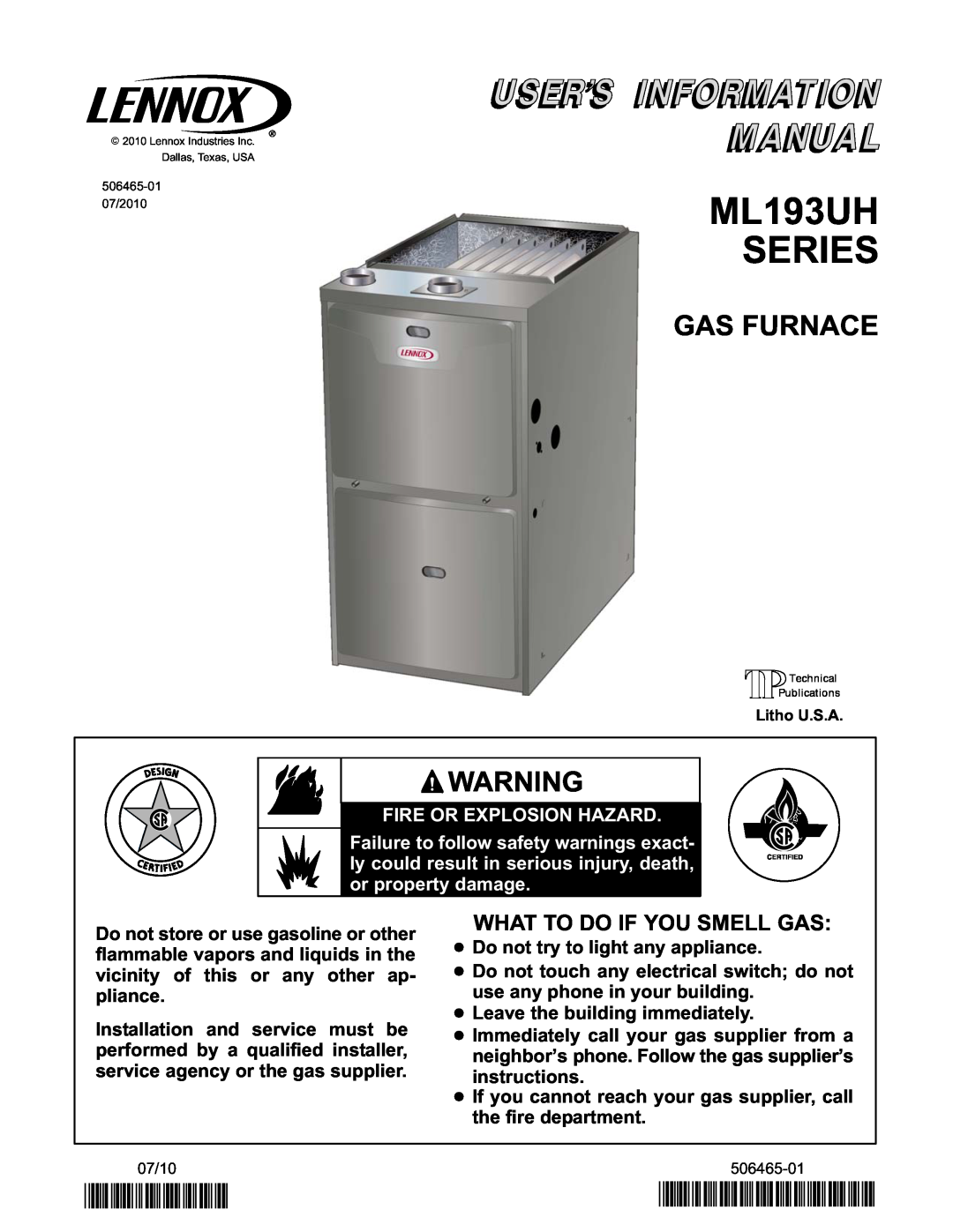 Lennox International Inc Gas Furnace manual ML193UH SERIES, 2P0710, P506465-01, What To Do If You Smell Gas 