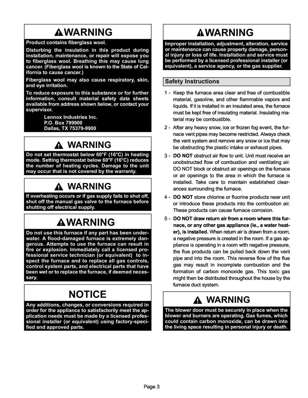 Lennox International Inc Gas Furnace manual Safety Instructions 
