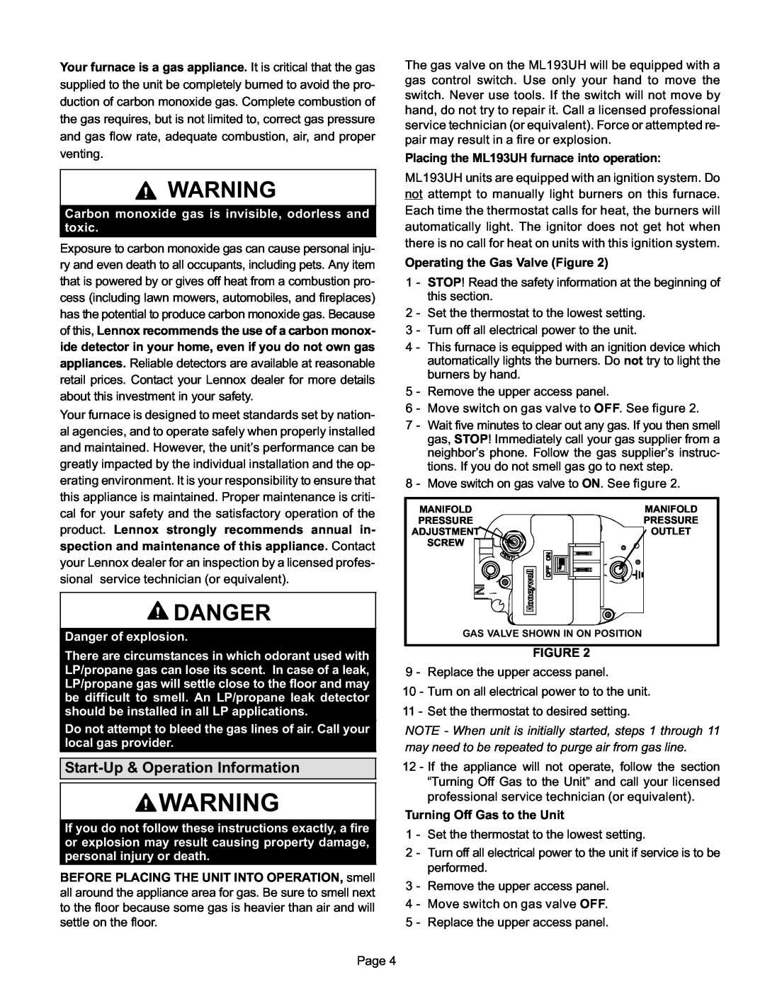 Lennox International Inc Gas Furnace manual Danger, Start−Up & Operation Information 
