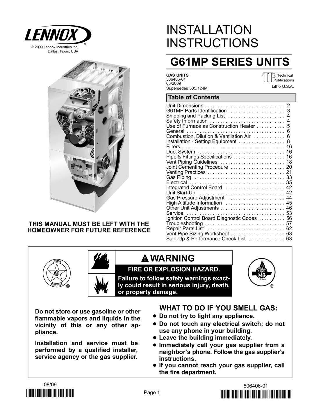 Lennox International Inc G61MP Series Units installation instructions Installation Instructions, Table of Contents 