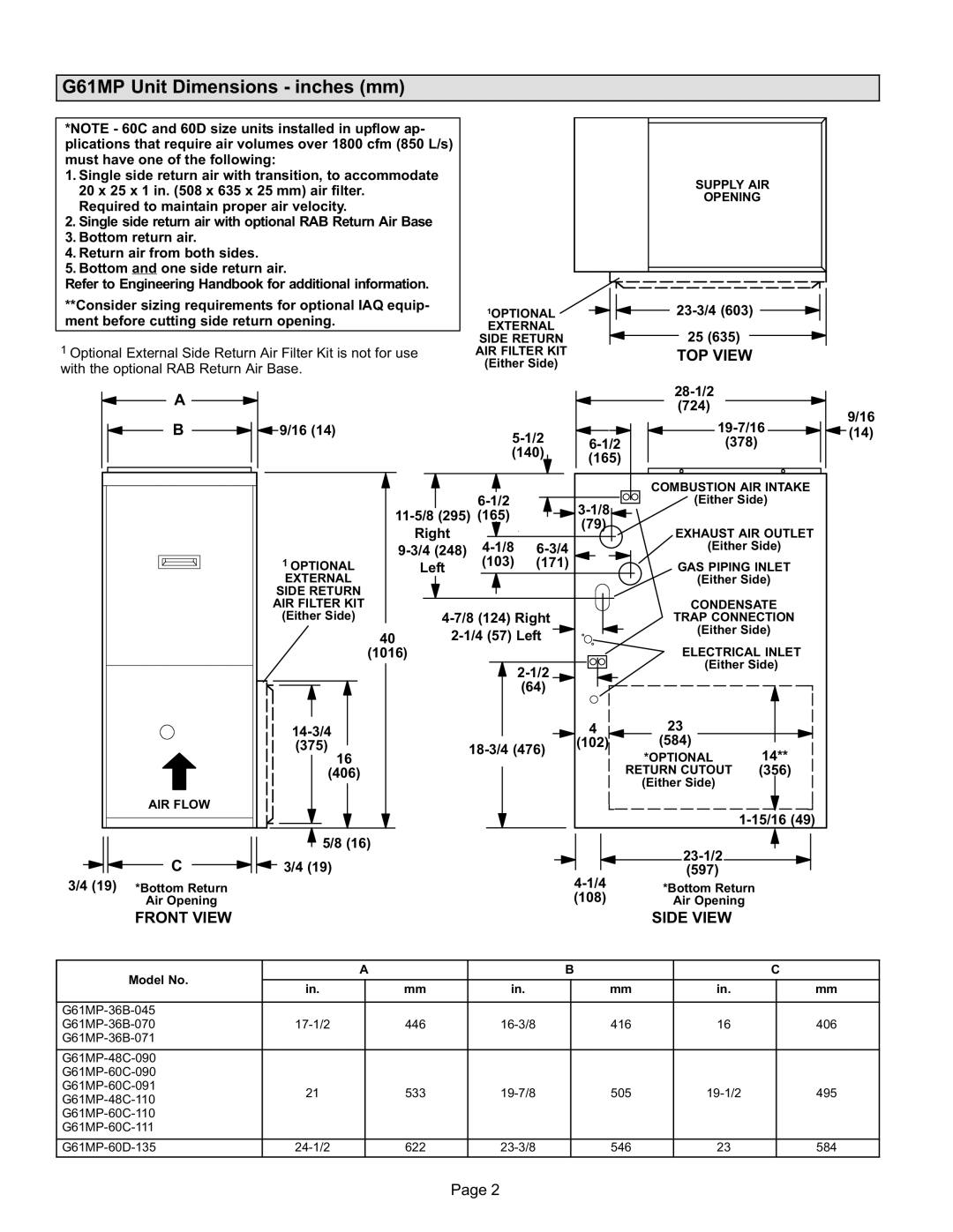 Lennox International Inc Gas Units, G61MP Series Units G61MP Unit Dimensions − inches mm, TOP View, Front View Side View 