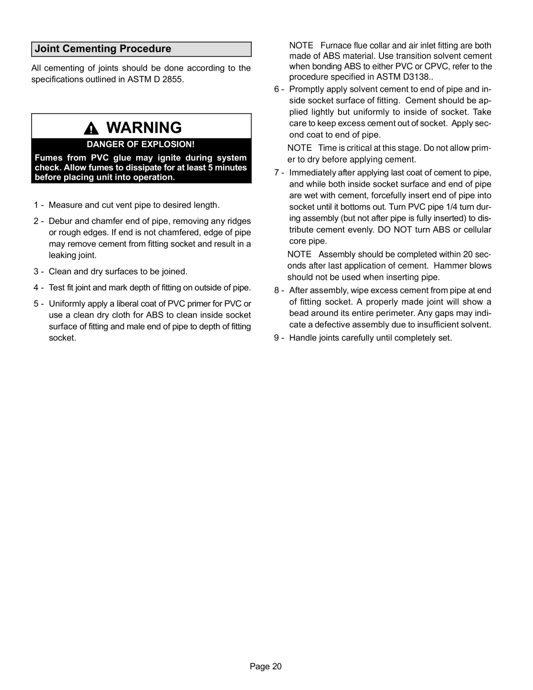 Lennox International Inc Gas Units, G61MP Series Units installation instructions Joint Cementing Procedure 