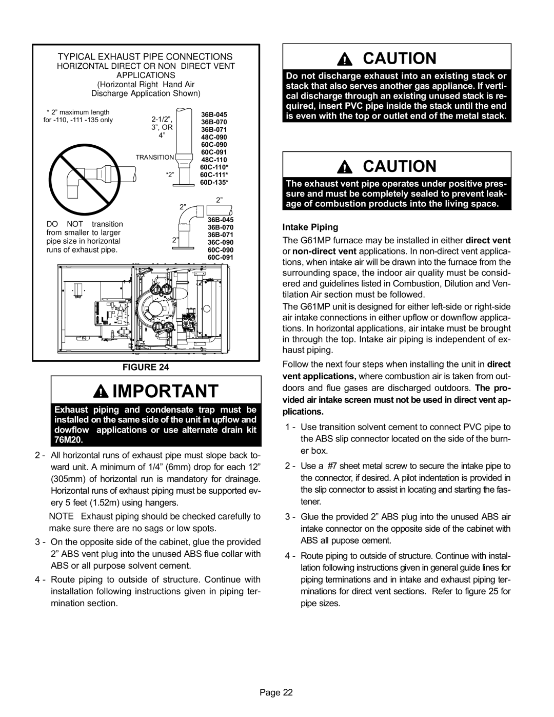 Lennox International Inc Gas Units, G61MP Series Units installation instructions Typical Exhaust Pipe Connections 