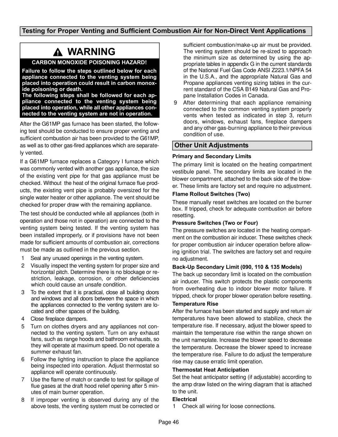 Lennox International Inc Gas Units, G61MP Series Units Other Unit Adjustments, Carbon Monoxide Poisoning Hazard 