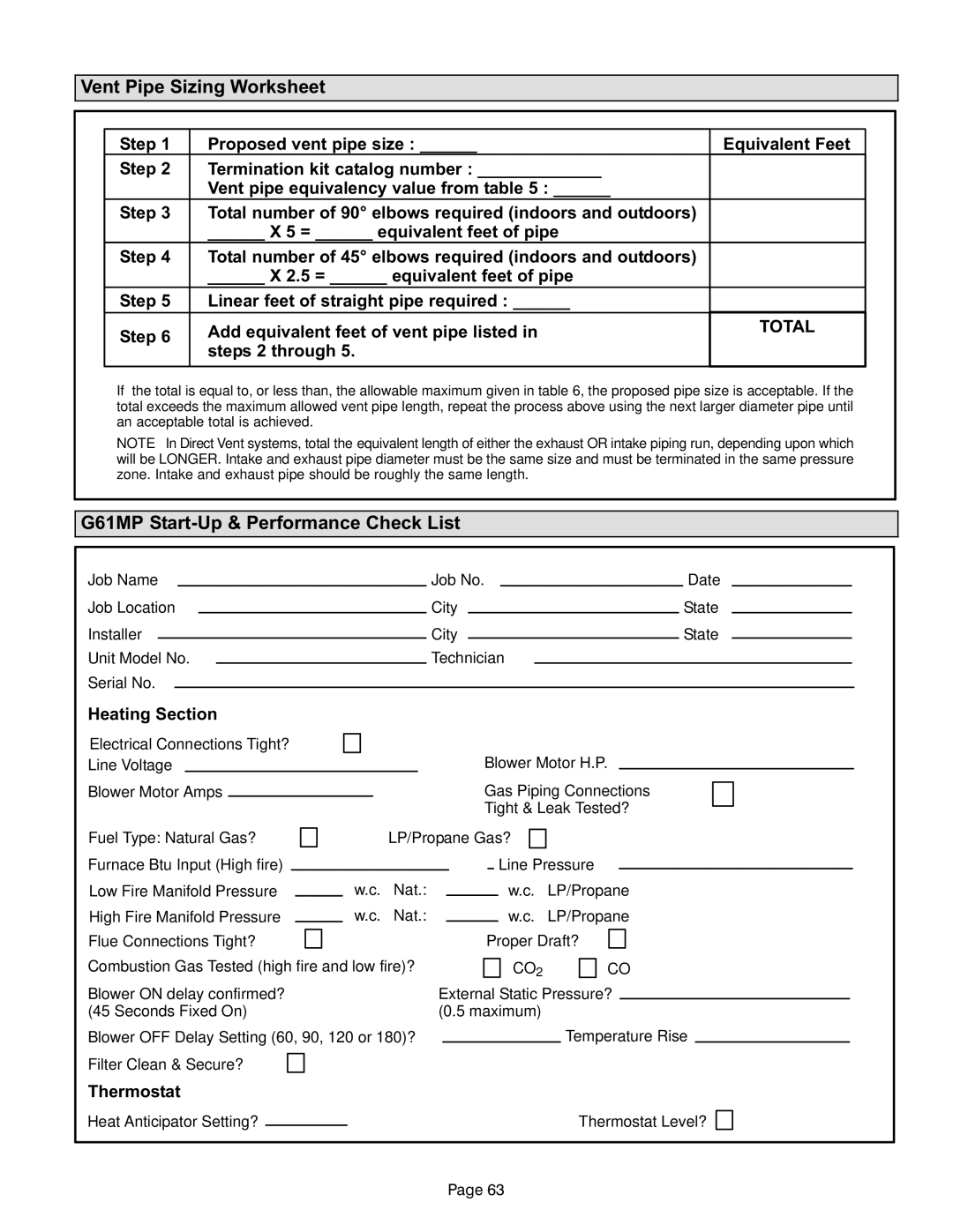 Lennox International Inc G61MP Series Units, Gas Units Vent Pipe Sizing Worksheet, G61MP Start−Up & Performance Check List 