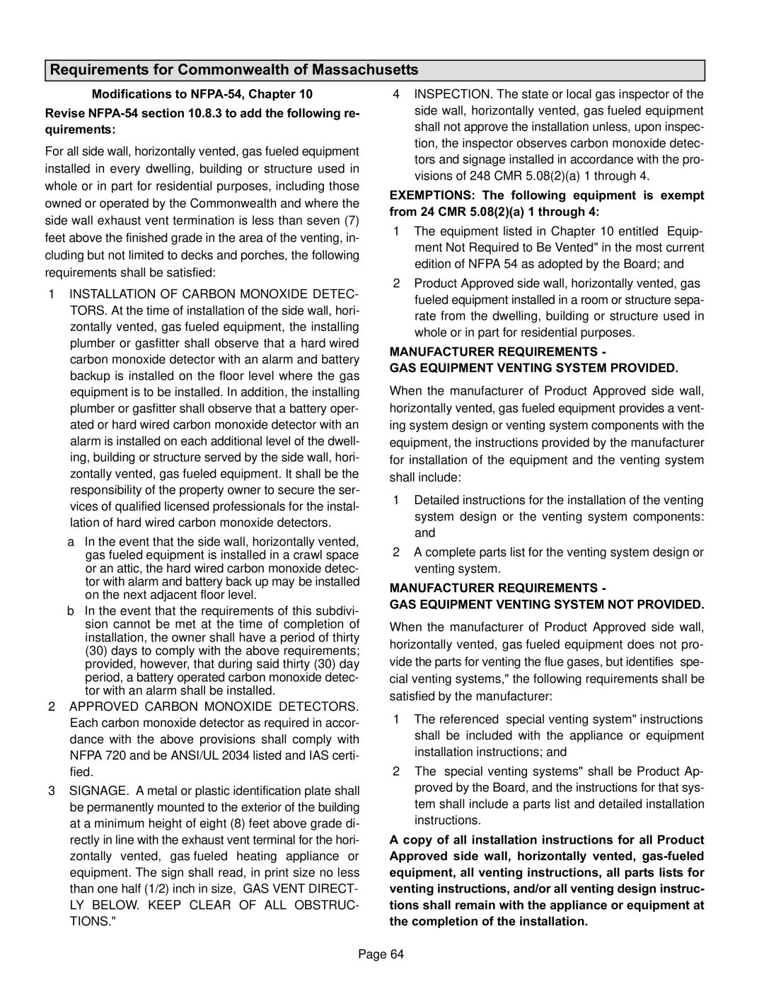 Lennox International Inc Gas Units, G61MP Series Units Requirements for Commonwealth of Massachusetts 