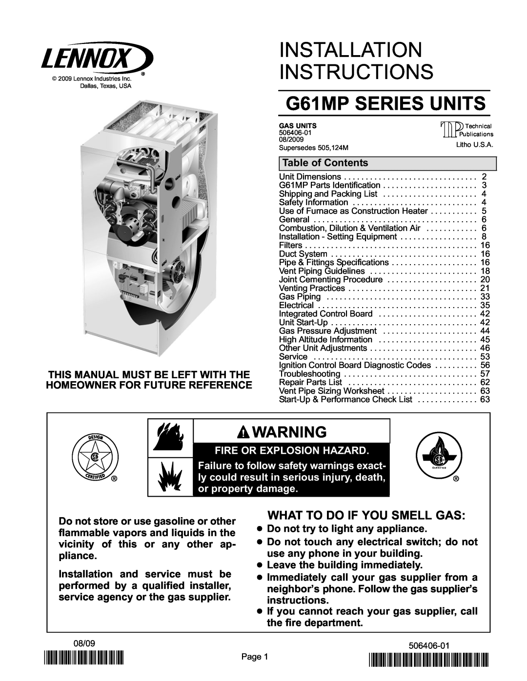 Lennox International Inc G61MP Series Units installation instructions Installation Instructions, G61MP SERIES UNITS 