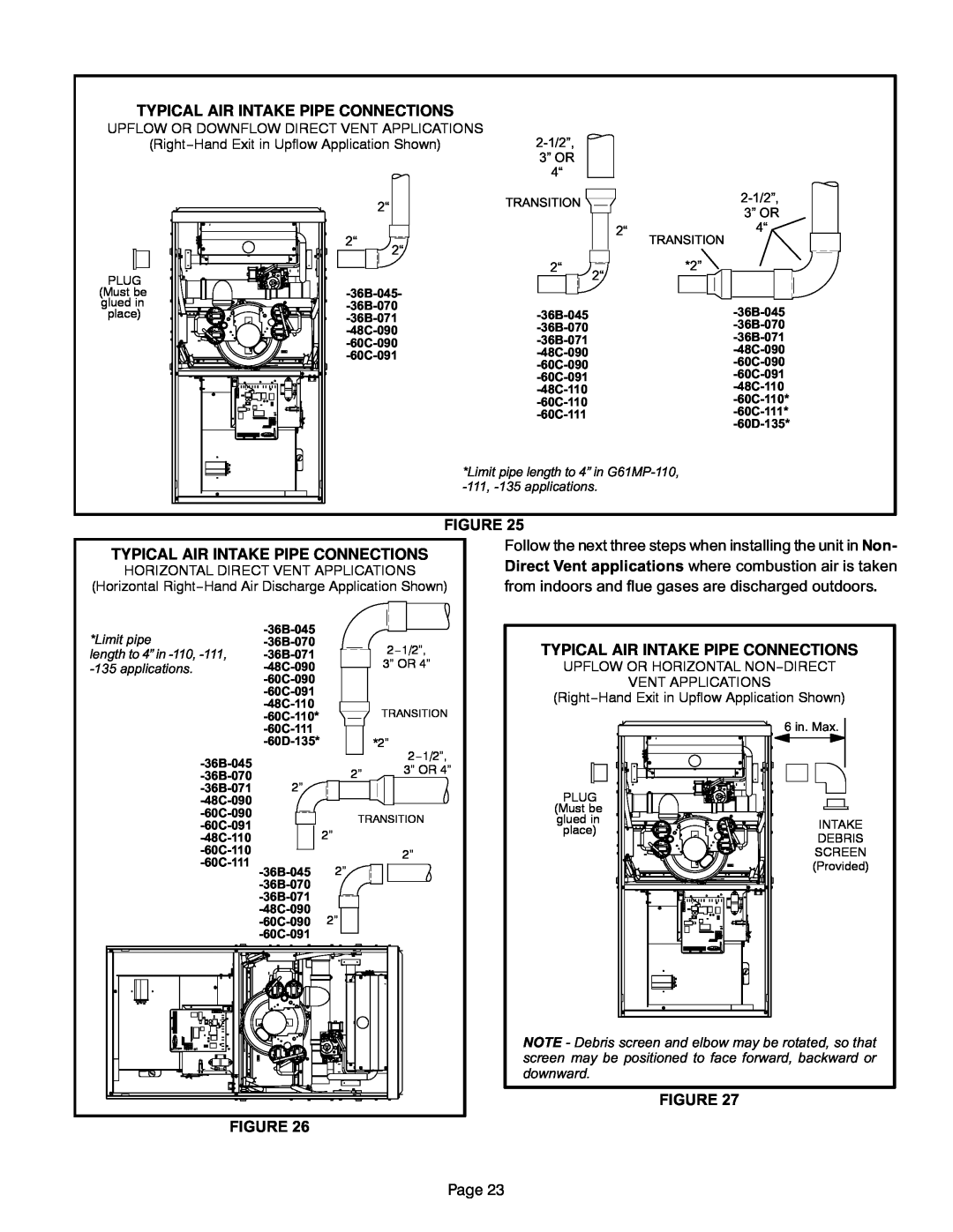 Lennox International Inc G61MP Series Units, Gas Units Typical Air Intake Pipe Connections, Figure Figure, Page 
