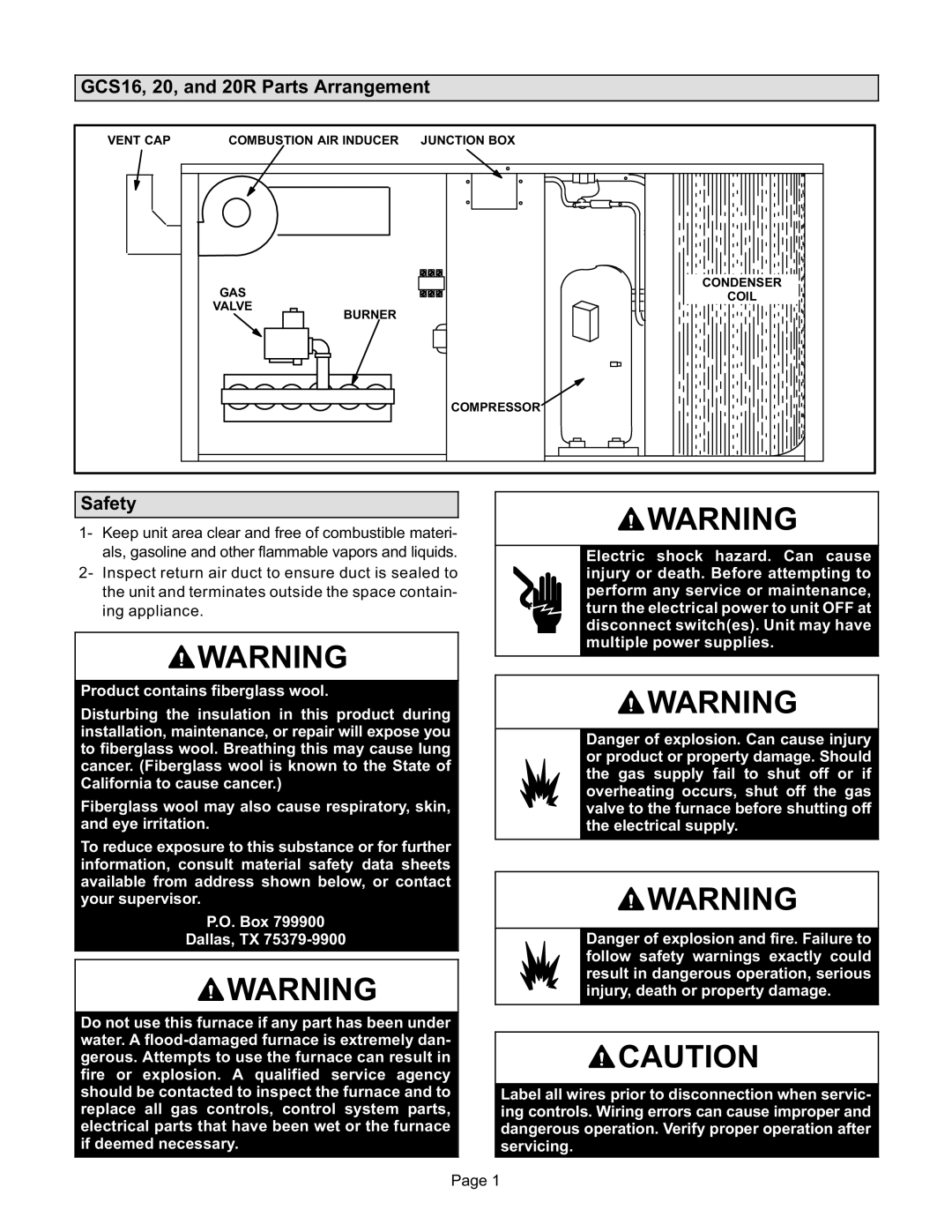 Lennox International Inc GCS20R-030, GCS20R-060, GCS20R-048, GCS20R-024 manual GCS16, 20, and 20R Parts Arrangement, Safety 