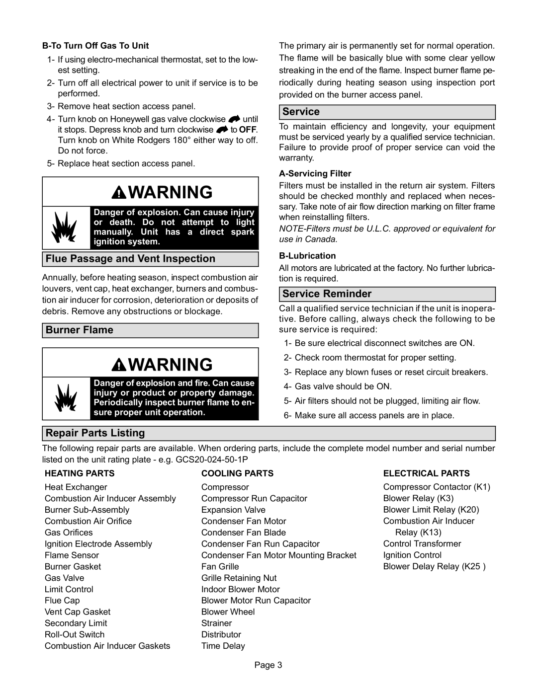 Lennox International Inc GCS16-024, GCS20R-060 manual Flue Passage and Vent Inspection, Burner Flame, Service Reminder 