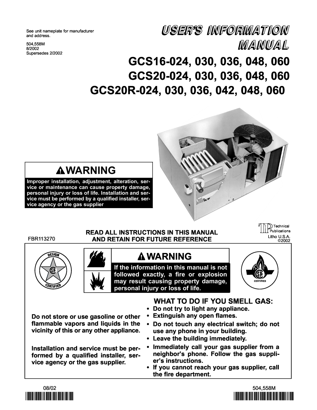 Lennox International Inc GCS20R-048, GCS20R-060, GCS20R-030, GCS20R-024 manual 2P0802, P504558M, What To Do If You Smell Gas 