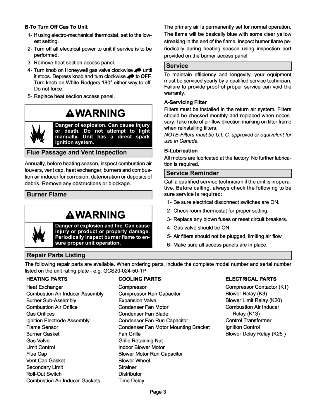 Lennox International Inc GCS16-024, GCS20R-060 manual Flue Passage and Vent Inspection, Burner Flame, Service Reminder 