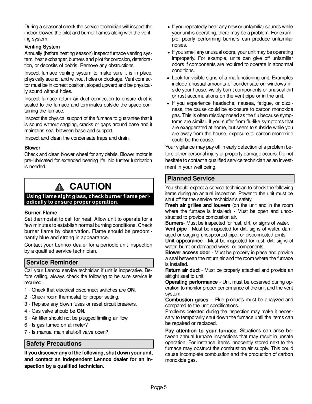 Lennox International Inc GHR26 manual Service Reminder, Safety Precautions, Planned Service 