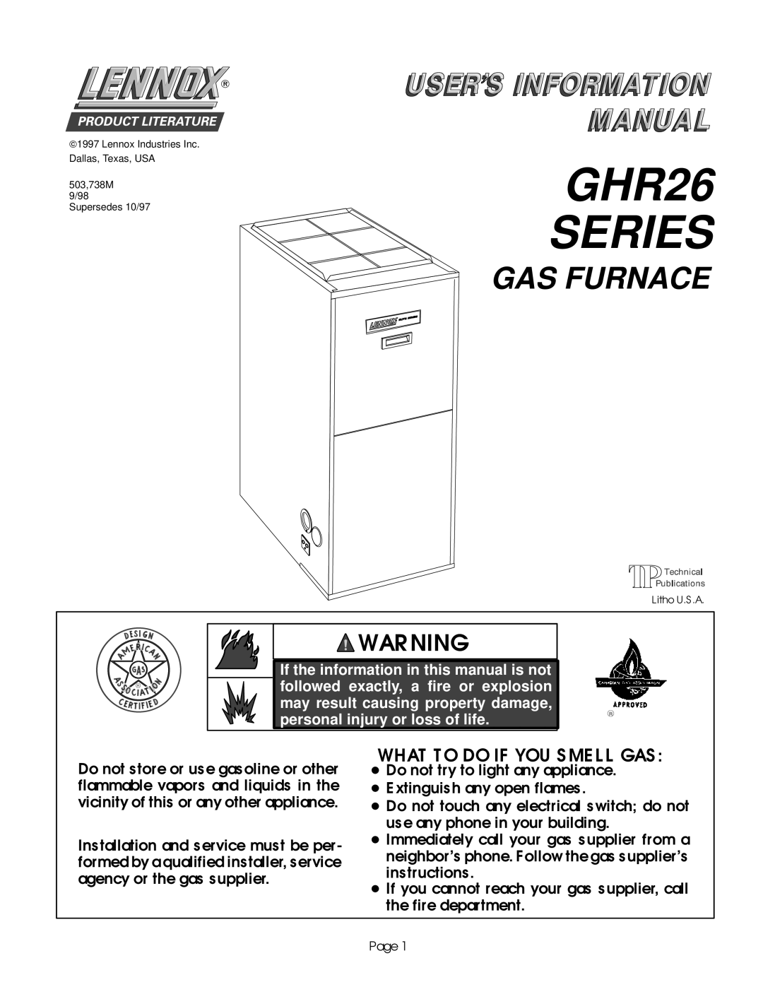 Lennox International Inc manual GHR26 SERIES, Gas Furnace, War Ning, What T O Do If You S Me L L Gas 