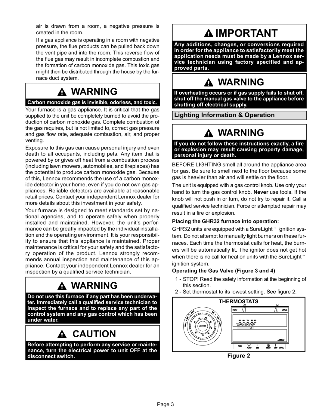 Lennox International Inc GHR32 Lighting Information & Operation, Carbon monoxide gas is invisible, odorless, and toxic 