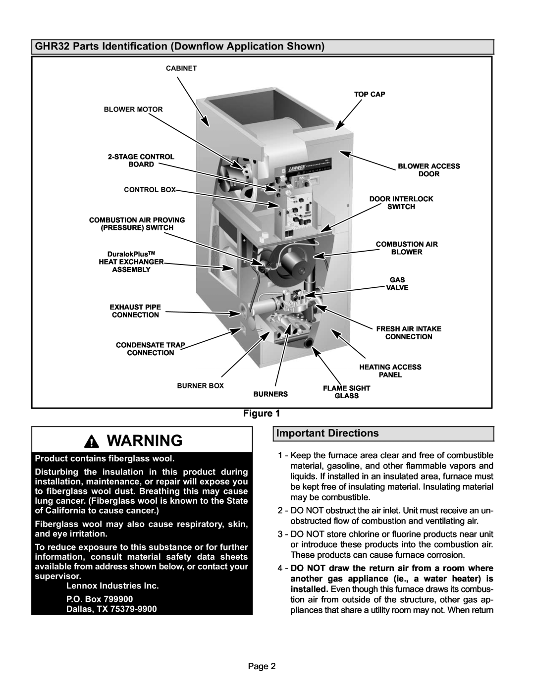 Lennox International Inc manual GHR32 Parts Identification Downflow Application Shown, Important Directions 
