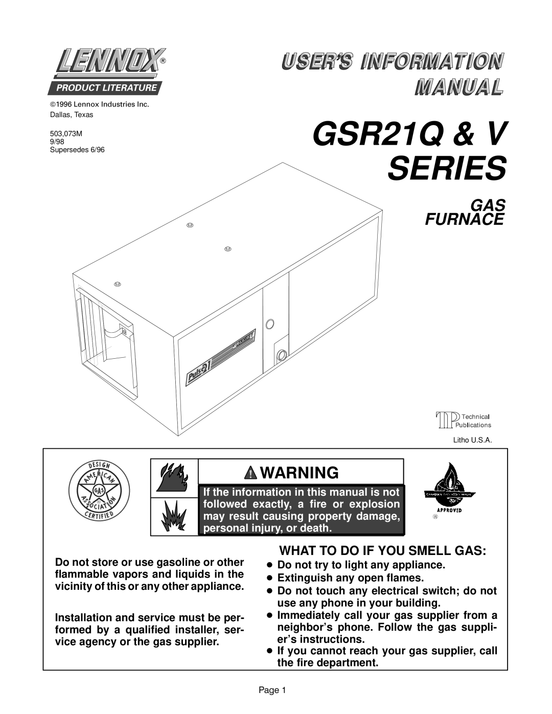Lennox International Inc GSR21V manual GSR21Q & SERIES, Gas Furnace, $51,1, What To Do If You Smell Gas 