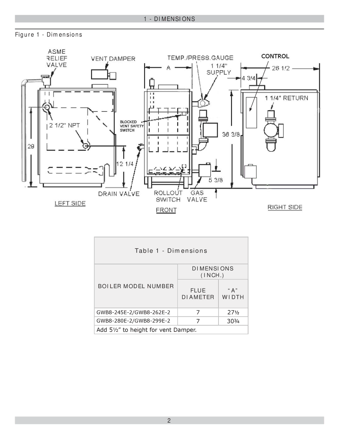 Lennox International Inc GWB8-245E-2, GWB8-262E-2, GWB8-280E-2 Dimensions, Inch, Boiler Model Number Flue Diameter Width 