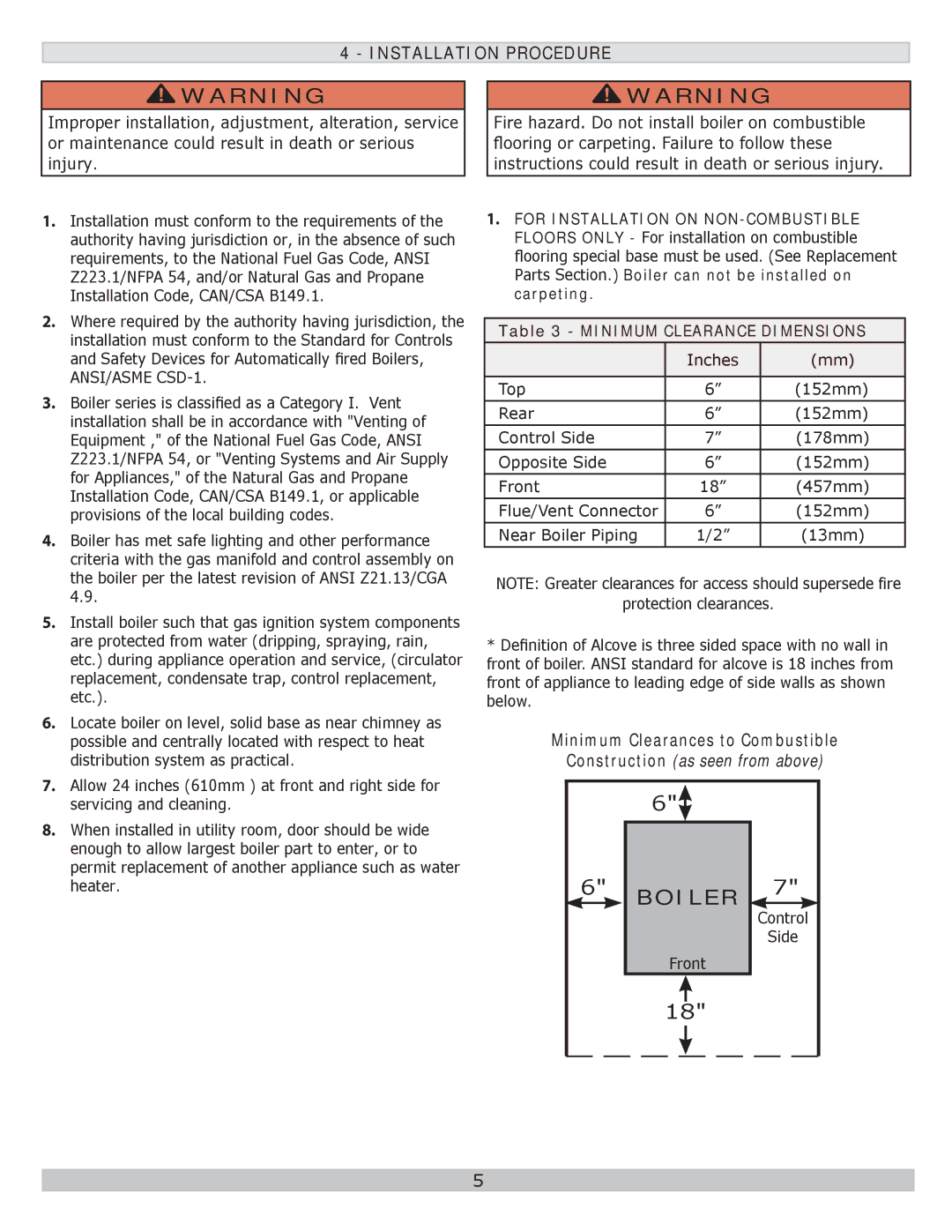 Lennox International Inc GWB8-262E-2, GWB8-280E-2, GWB8-245E-2 Installation Procedure, Minimum Clearances to Combustible 