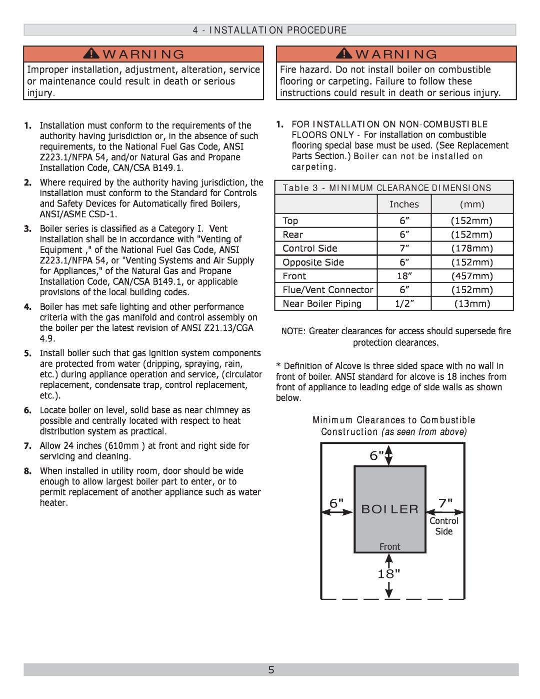 Lennox International Inc GWB8-262E-2, GWB8-280E-2 Installation Procedure, Minimum Clearances to Combustible, Boiler 