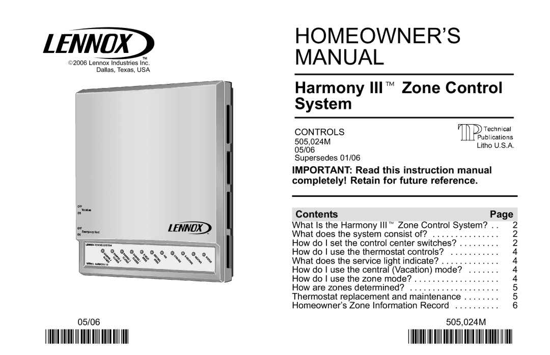 Lennox International Inc Lennox Zone Control System, Harmony III owner manual HOMEOWNER’S Manual, Contents 