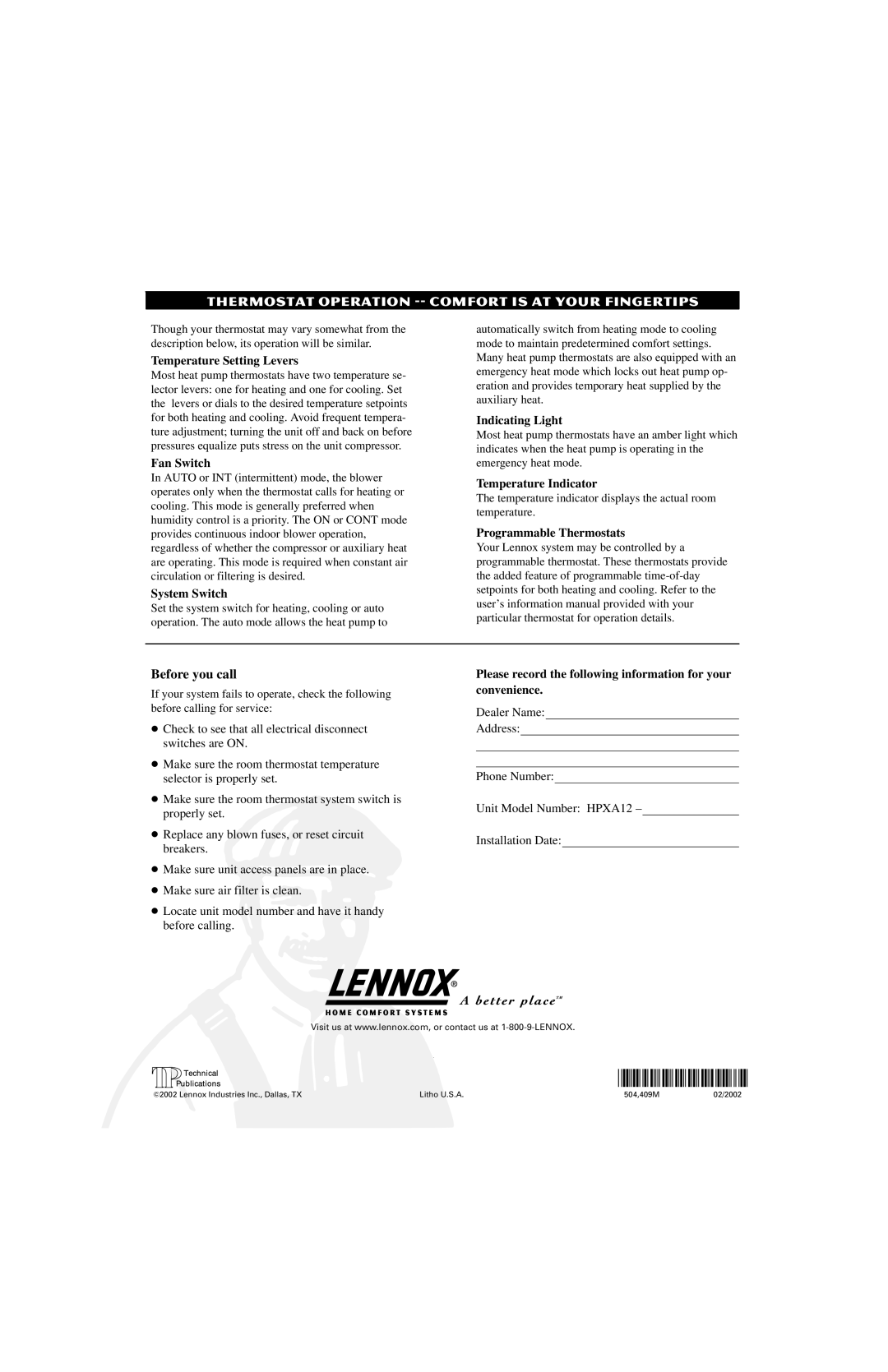 Lennox International Inc HPXA12 owner manual Thermostat Operation -- Comfort is AT Your Fingertips, Before you call 