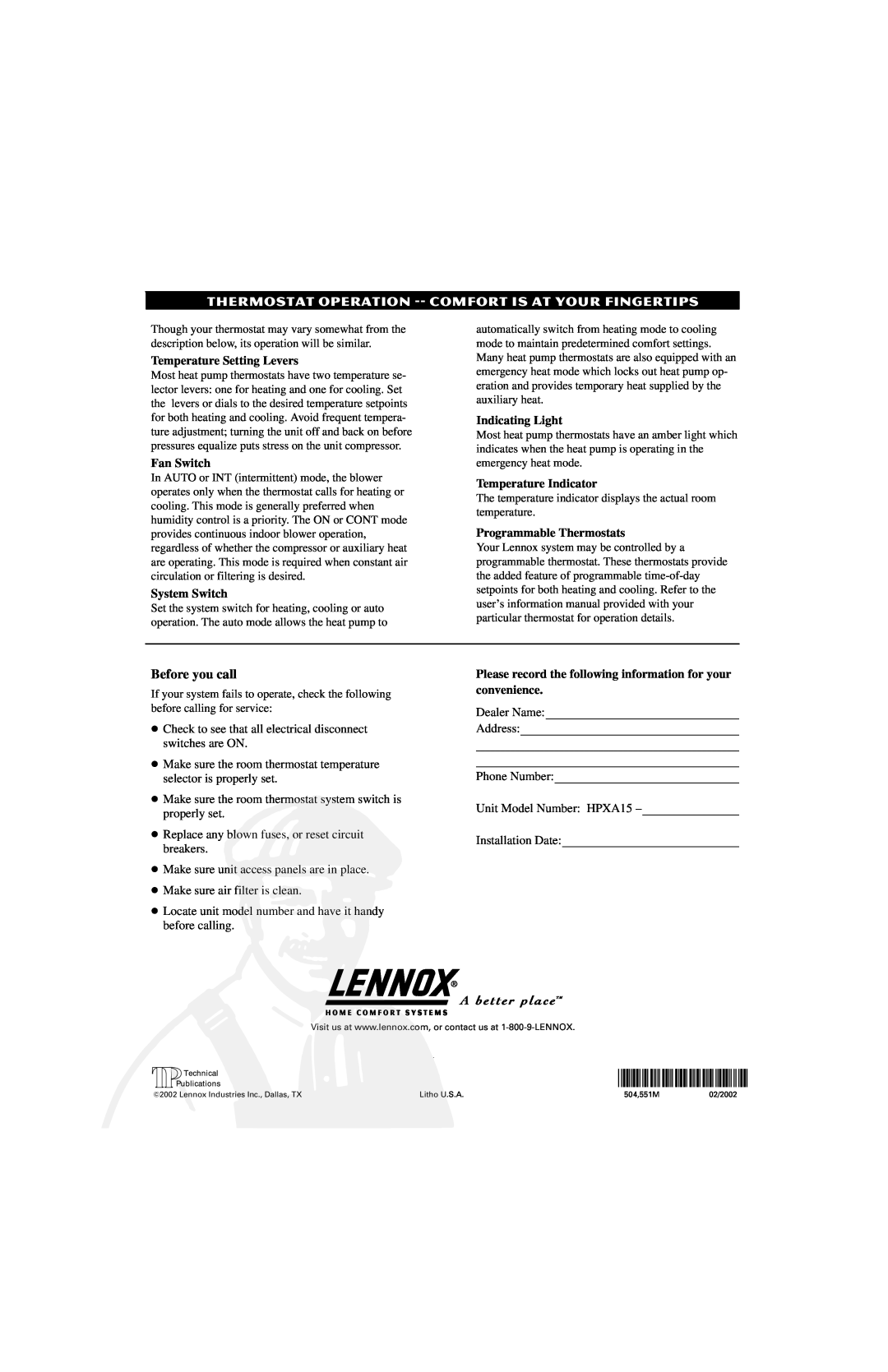 Lennox International Inc HPXa15 owner manual Before you call, P504551M 