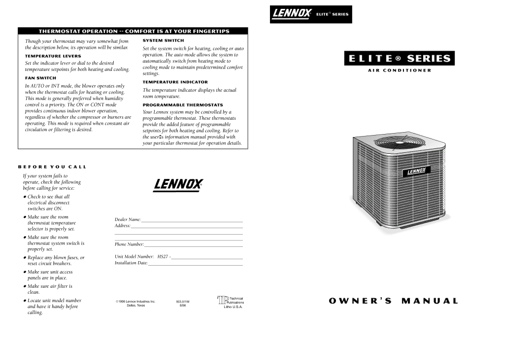 Lennox International Inc HS27 owner manual I T E Series, Thermostat Operation -- Comfort is AT Your Fingertips 