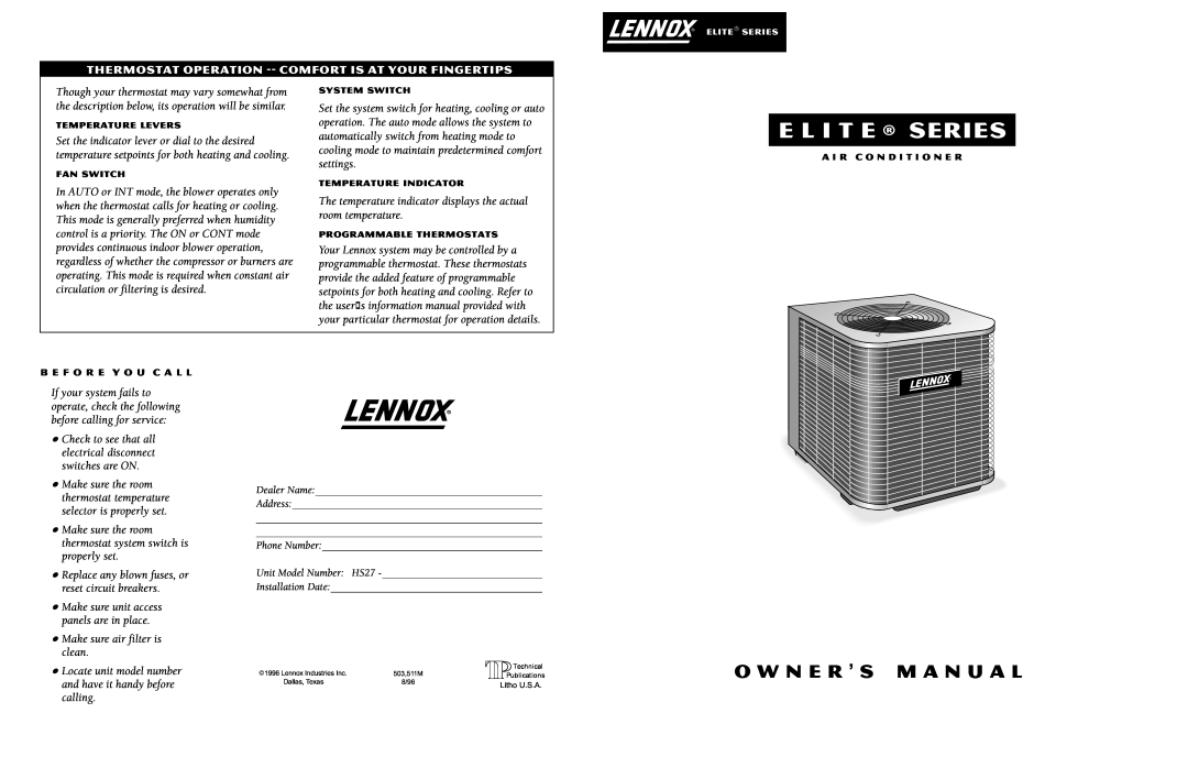Lennox International Inc HS27 owner manual E L I T E Series, O W N E R S M A N U A L 