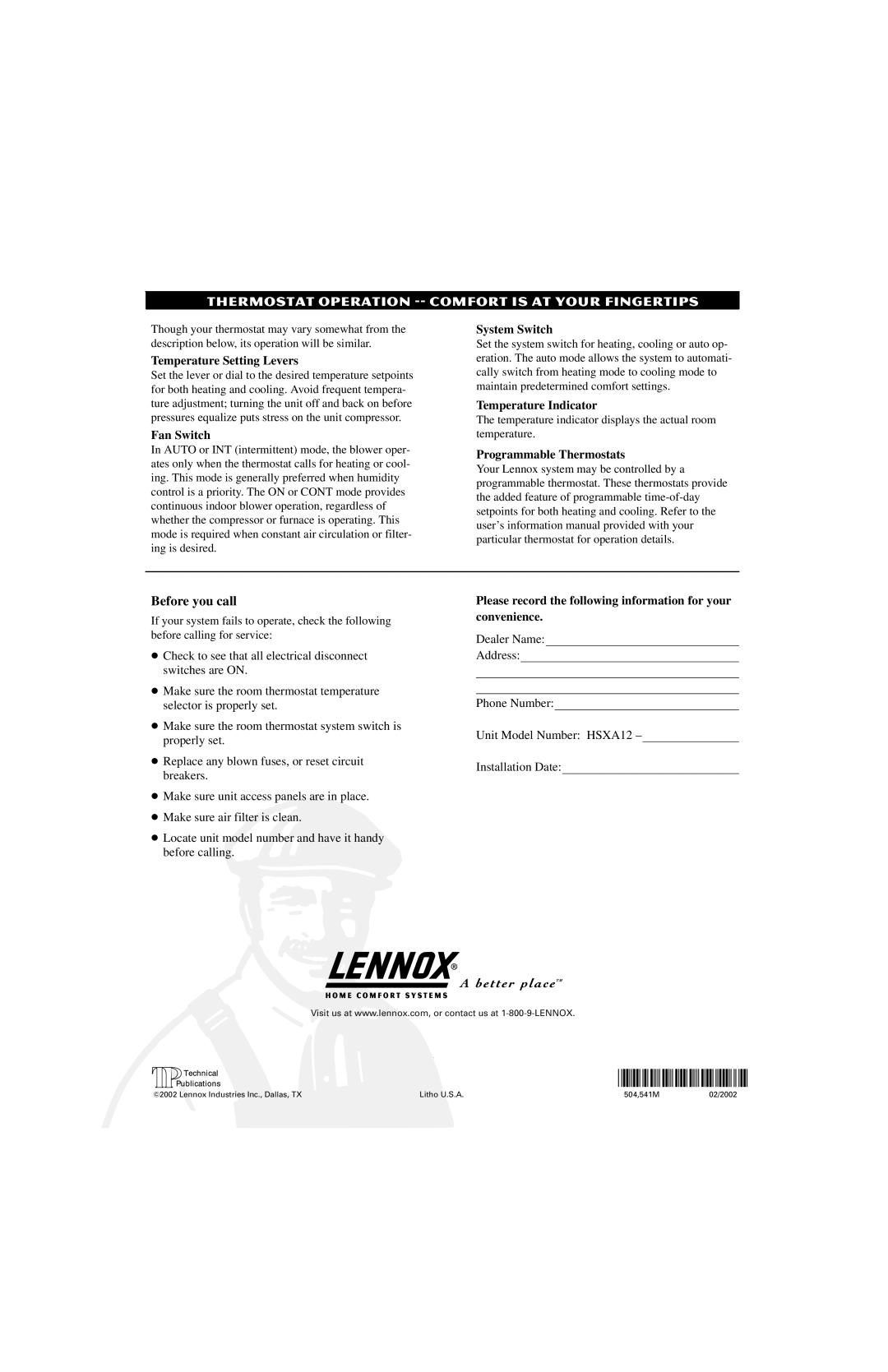 Lennox International Inc HSXA12 owner manual Thermostat Operation -- Comfort is AT Your Fingertips, Before you call 