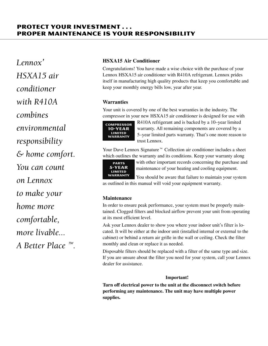 Lennox International Inc owner manual HSXA15 Air Conditioner, Warranties, Maintenance 