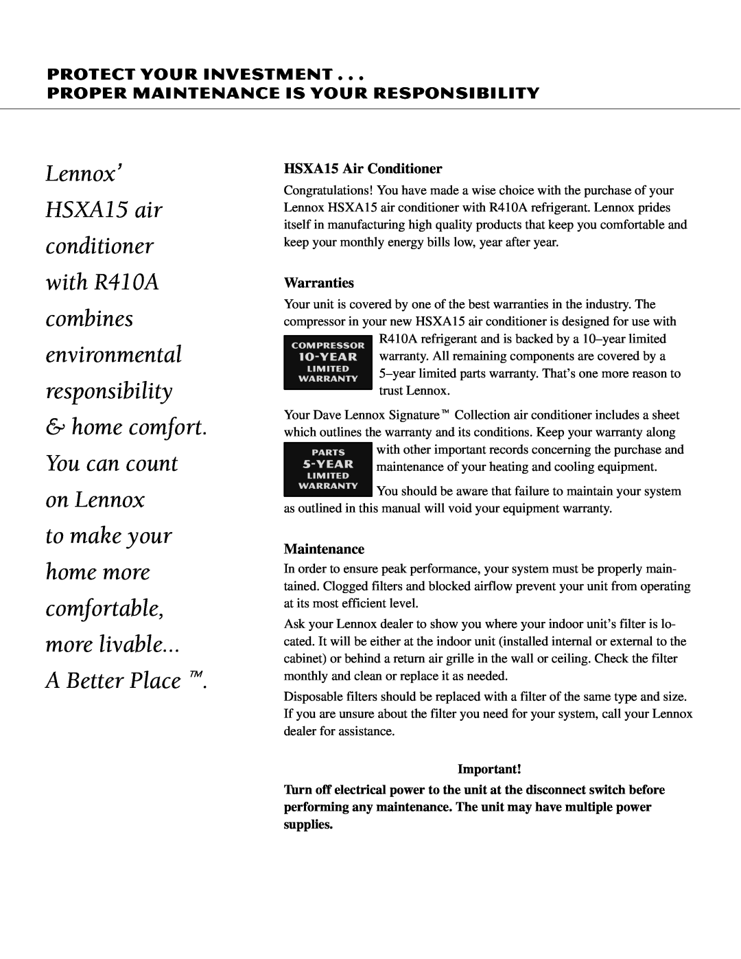 Lennox International Inc HSXA15 Air Conditioner, Warranties, Maintenance, A Better Place t, Protect Your Investment 
