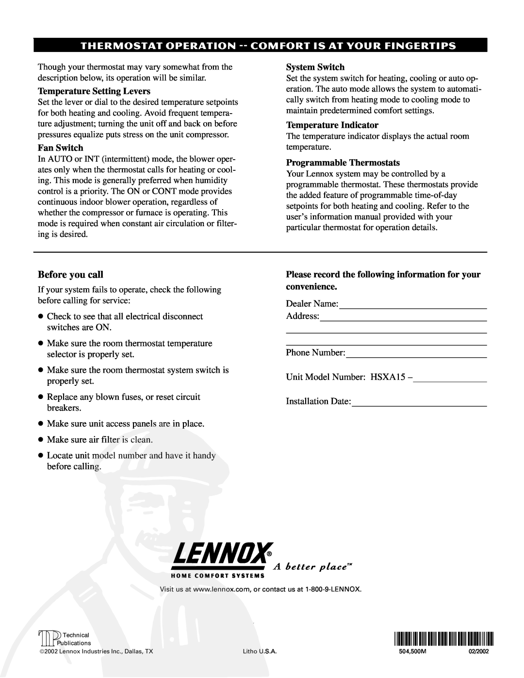 Lennox International Inc HSXA15 Before you call, Temperature Setting Levers, Fan Switch, System Switch, P504500M 