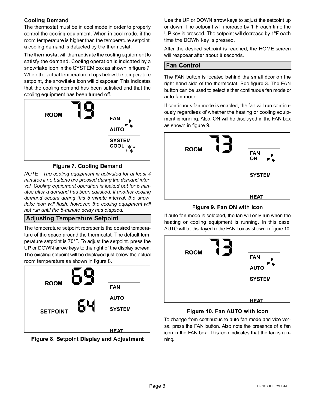 Lennox International Inc ComfortSenset 3000 Series Non-Programmable Thermostat Fan Control, Adjusting Temperature Setpoint 