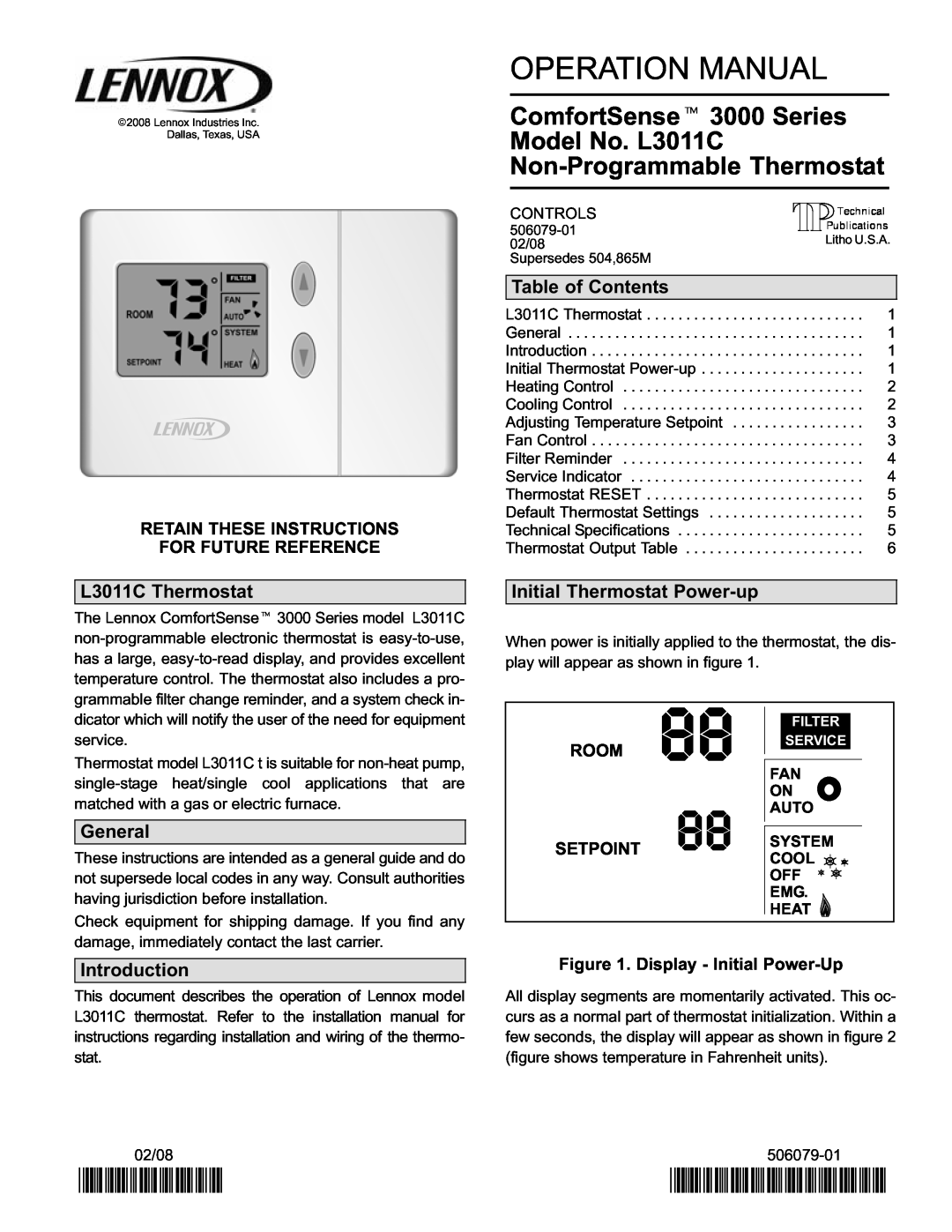 Lennox International Inc ComfortSenset 3000 Series Non-Programmable Thermostat operation manual L3011C Thermostat, General 