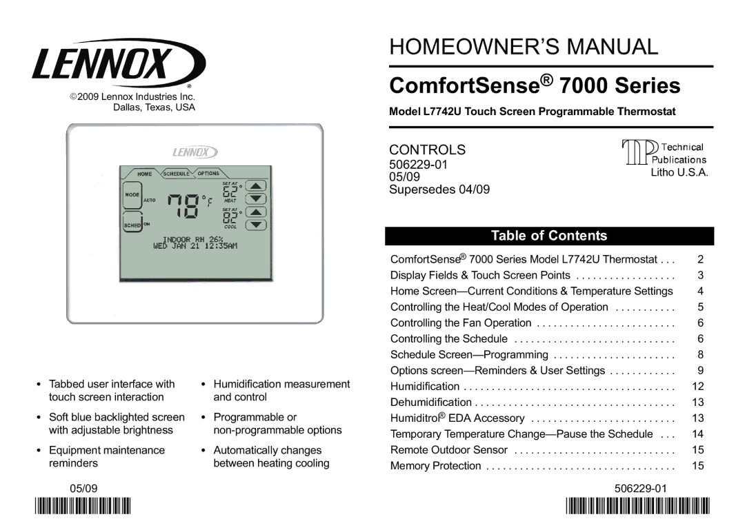 Lennox International Inc comfortsense 7000 series touch screen programmable thermostat, l7742u owner manual 