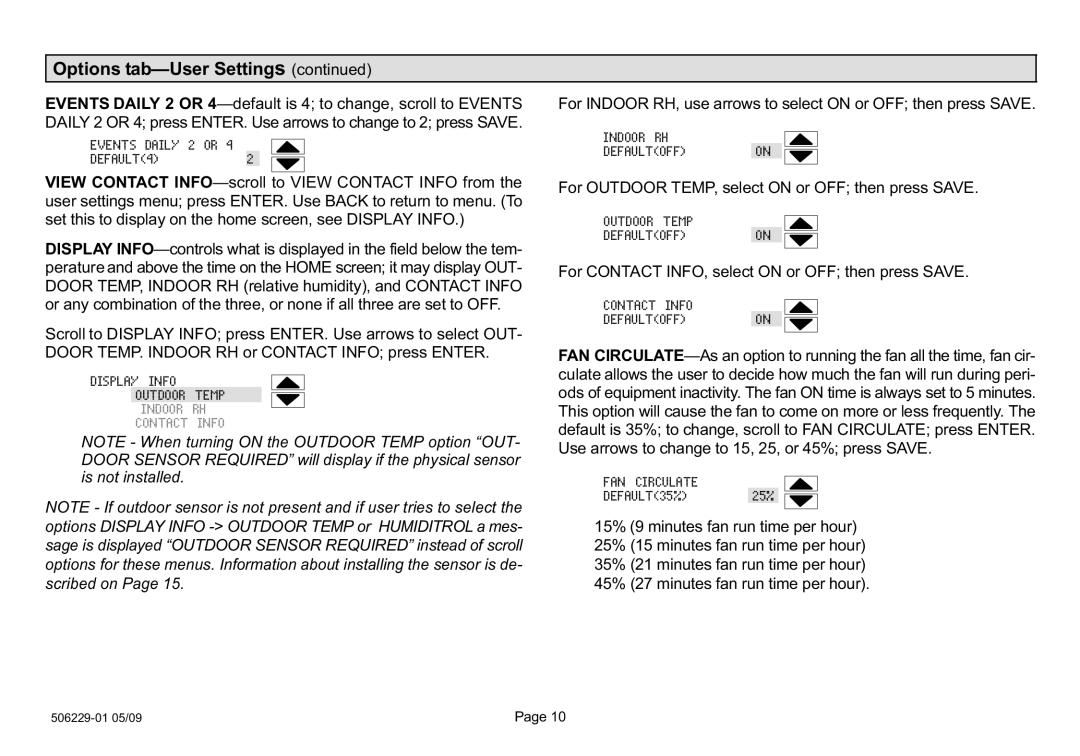 Lennox International Inc l7742u owner manual Options tab, Display Info, For Contact INFO, select on or OFF then press Save 