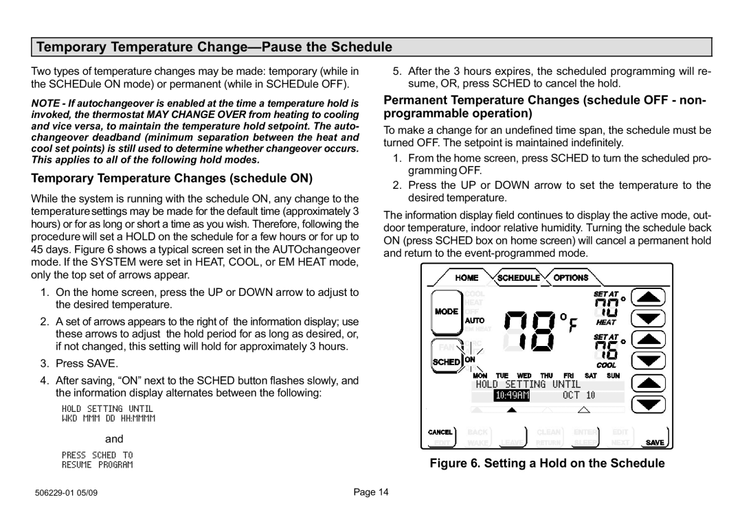 Lennox International Inc l7742u owner manual Temporary Temperature Changes schedule on 