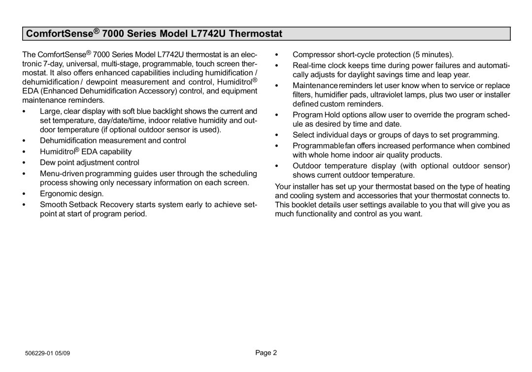 Lennox International Inc l7742u owner manual ComfortSense 7000 Series Model L7742U Thermostat 