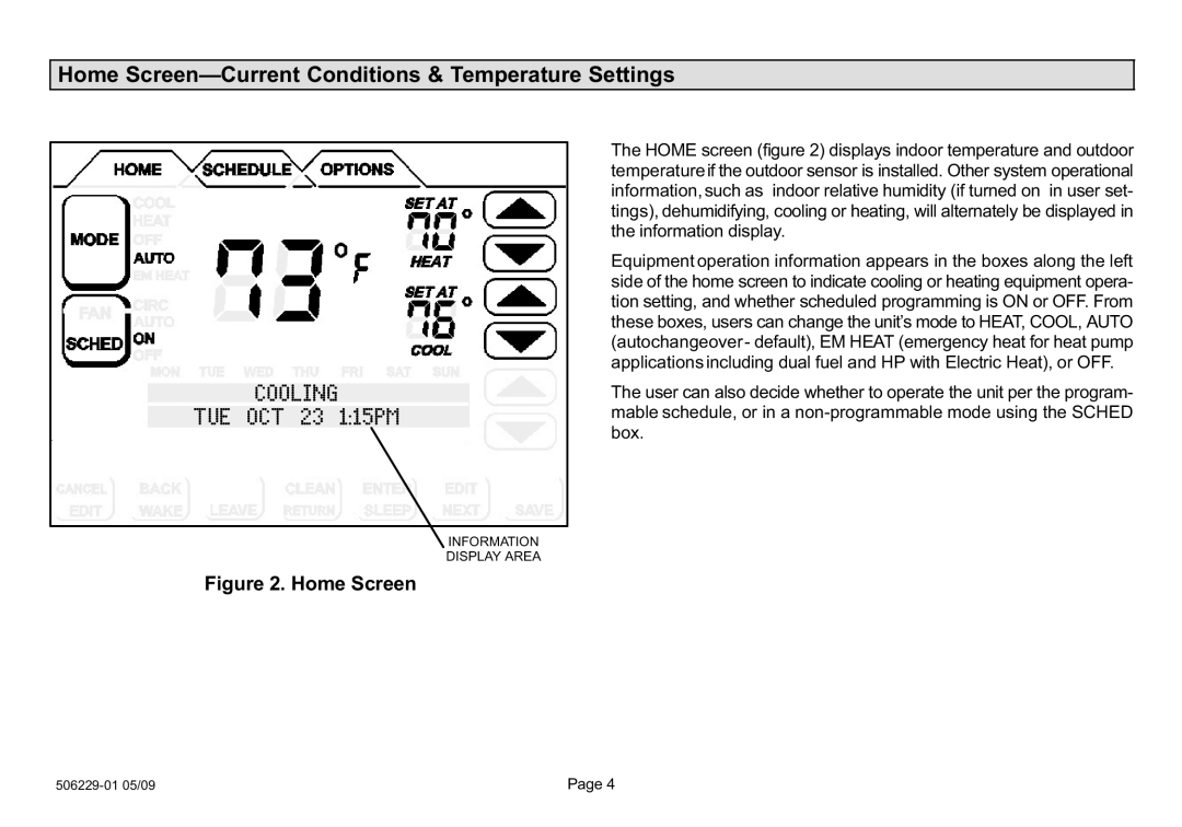 Lennox International Inc l7742u owner manual Home Screenemperature Settings 