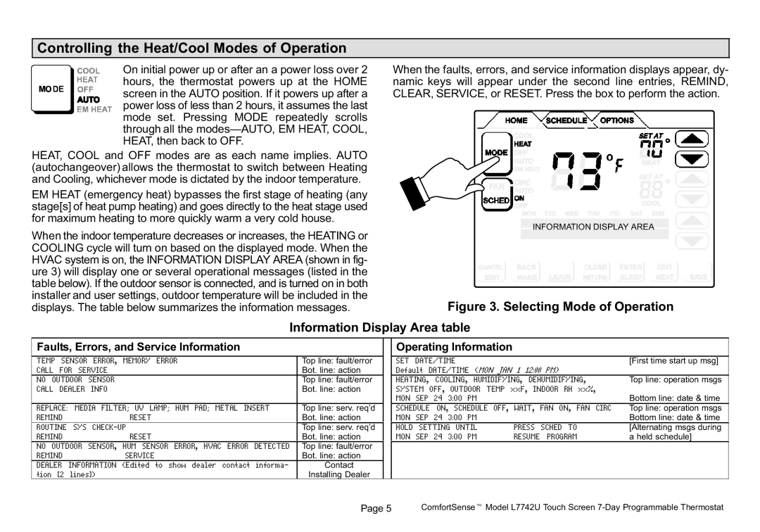 Lennox International Inc comfortsense 7000 series touch screen programmable thermostat, l7742u Operating Information 