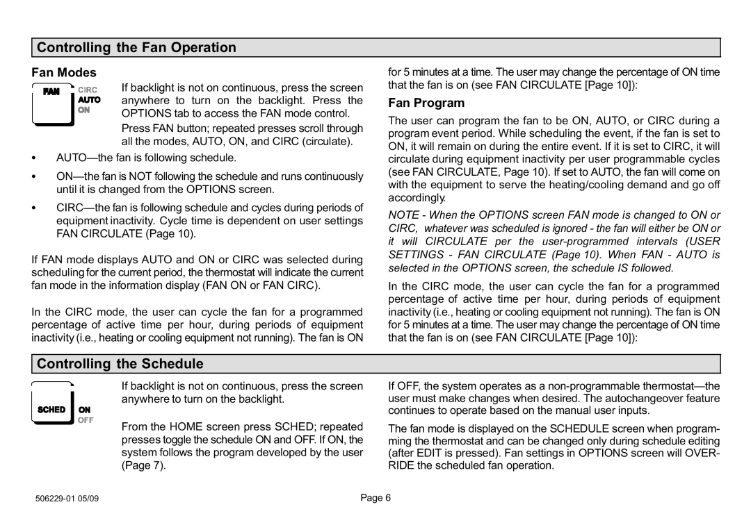 Lennox International Inc l7742u Controlling the Fan Operation, Controlling the Schedule, Fan Modes, Fan Program 